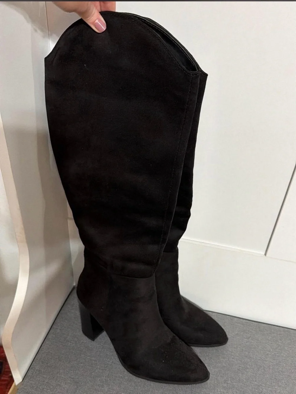 Black Suede Knee-High Block Heel Boots - Women's